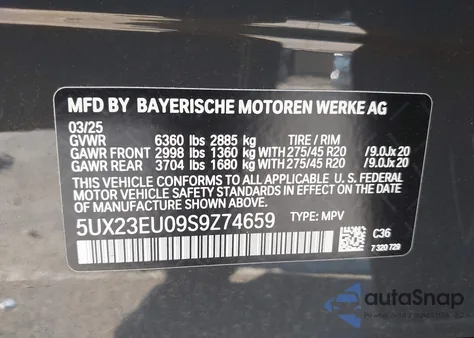 2025 BMW X5 xDrive40I from USA, damaged, VIN 5UX23EU09S9Z74659